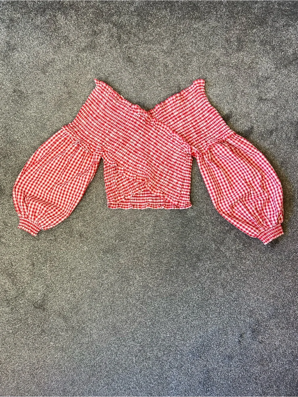 Zara red and white smocked gingham crop top